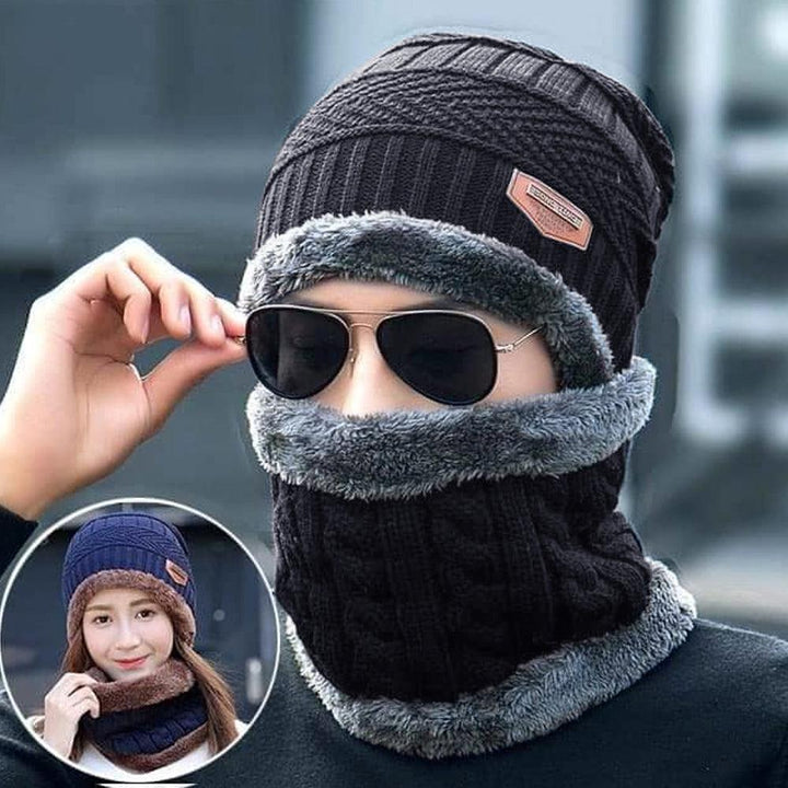 Snow Proof Inside Fur Wool Unisex Slim Fit Beanie Cap with Neck Warmer - Brands River