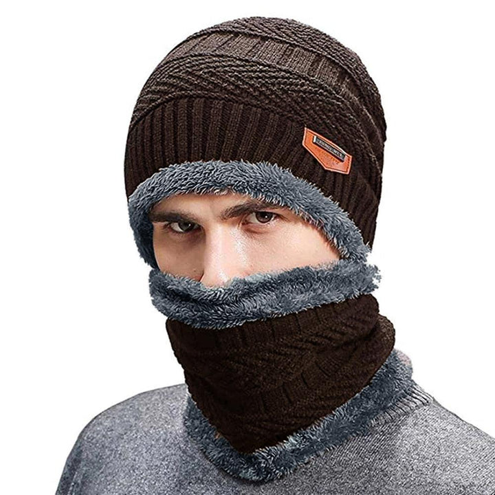 Snow Proof Inside Fur Wool Unisex Slim Fit Beanie Cap with Neck Warmer - Brands River