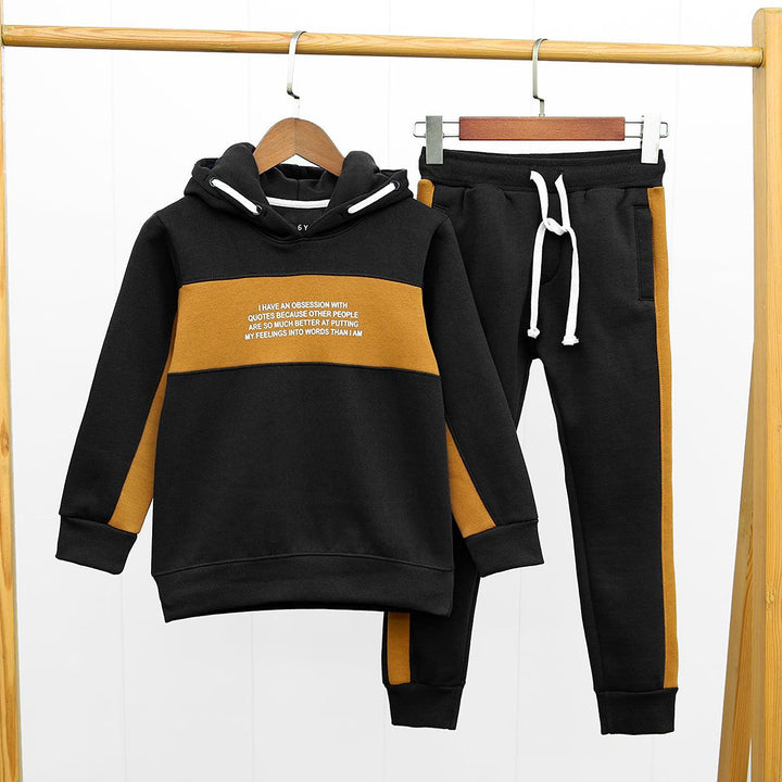 Black Premium Quality Color Block Printed Fleece Tracksuit For Kids (10580) - Brands River