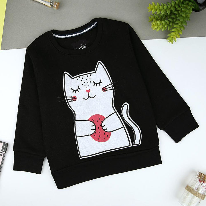 Kids Black Cat Graphic Fleece Sweatshirt (MM-11316) - Brands River