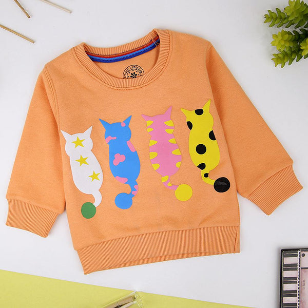 Girls Super Soft Orange Heavy Fleece Cats Printed Sweatshirt (MM-11452) - Brands River