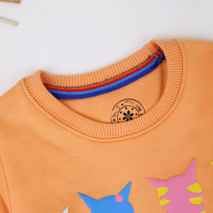 Girls Super Soft Orange Heavy Fleece Cats Printed Sweatshirt (MM-11452) - Brands River