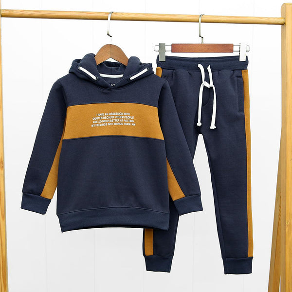 Navy Premium Quality Color Block Printed Fleece Tracksuit For Kids (MD-10581) - Brands River