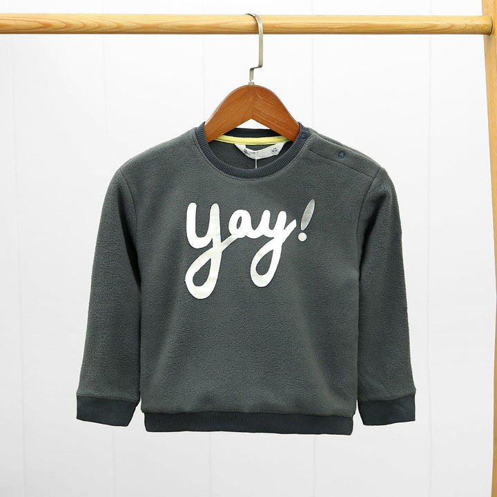 Kid's "YAY!" Wool Look Foil Printed Sweatshirt With Shoulder Snap Button (IA-01001) - Brands River