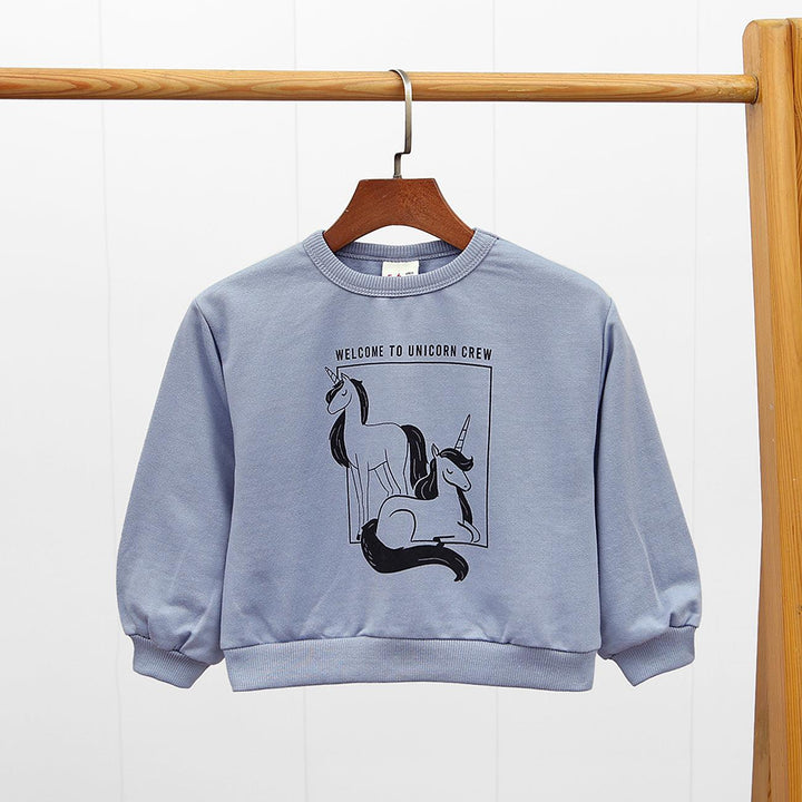 Unicorn Printed Sky Blue Fleece Sweatshirt For Girls (LF-10038) - Brands River