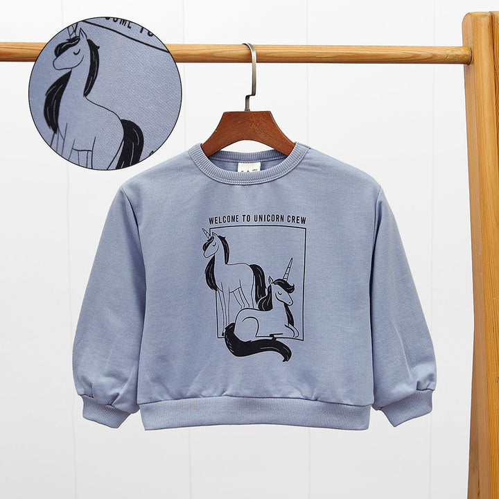 Unicorn Printed Sky Blue Fleece Sweatshirt For Girls (LF-10038) - Brands River