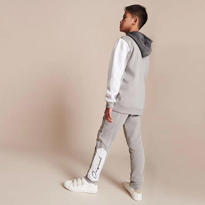 Boys Grey Cuffed Paneled Fleece Joggers With Piping & Print (GE-00836) - Brands River