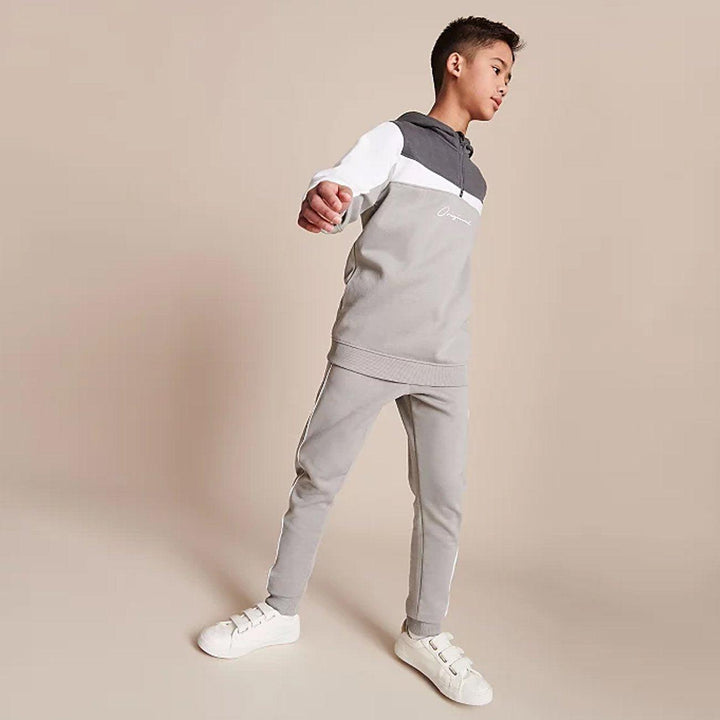 Boys Grey Cuffed Paneled Fleece Joggers With Piping & Print (GE-00836) - Brands River