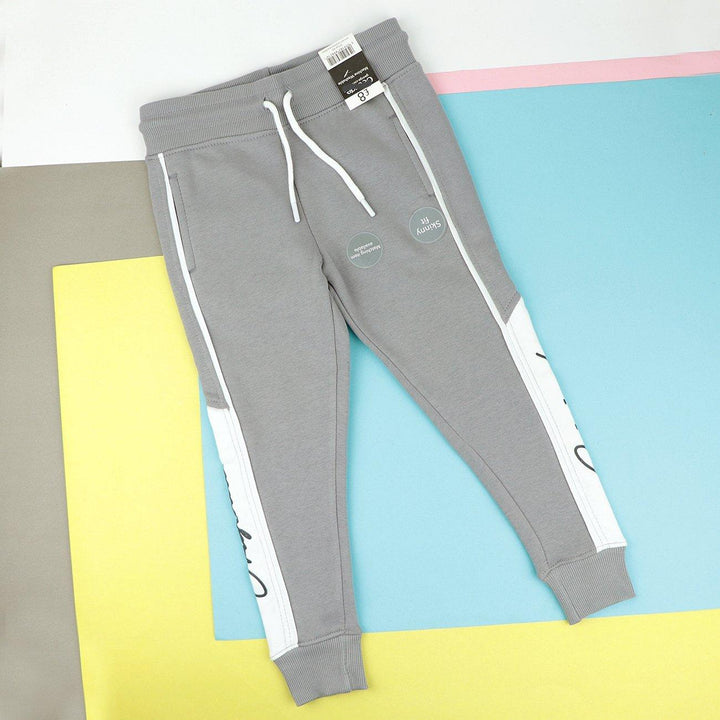 Boys Grey Cuffed Paneled Fleece Joggers With Piping & Print (GE-00836) - Brands River