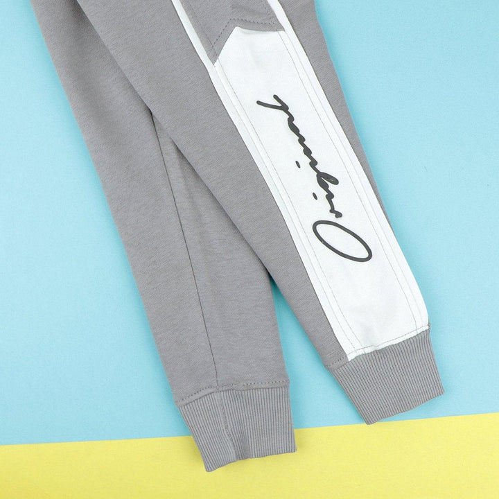 Boys Grey Cuffed Paneled Fleece Joggers With Piping & Print (GE-00836) - Brands River