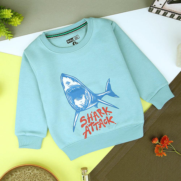 Kids Sea Green Shark Graphic Fleece Sweatshirt (BG-11219) - Brands River