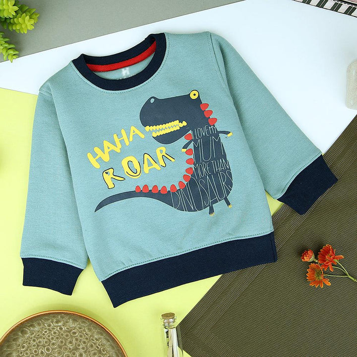 Kids Sea Green Ringer Dino Graphic Fleece Sweatshirt (OF-11221) - Brands River