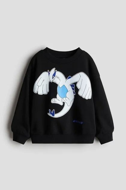 Round Neck Printed Fleece Black Sweatshirt For Kids