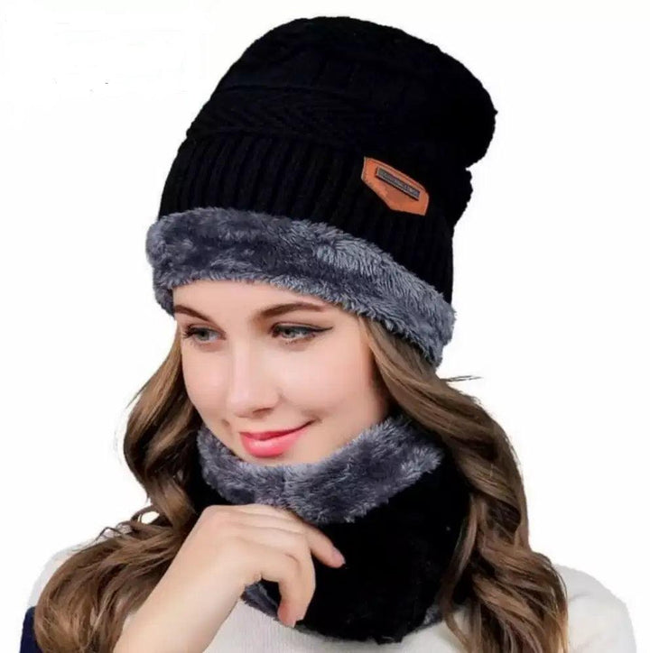 Snow Proof Inside Fur Wool Unisex Slim Fit Beanie Cap with Neck Warmer - Brands River